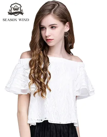 季候风夏季女装时尚宽松一字肩荷叶袖蕾丝衬衫6271CC495图片