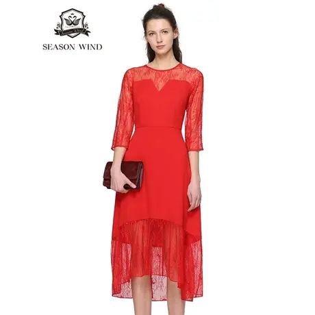 季候风时尚性感雪纺拼接不规则蕾丝连衣裙女8672LB112 红色图片
